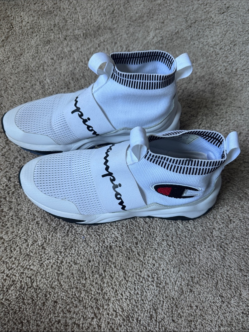 Champion Mens White Slip-On Sneakers with Red & Navy Logo